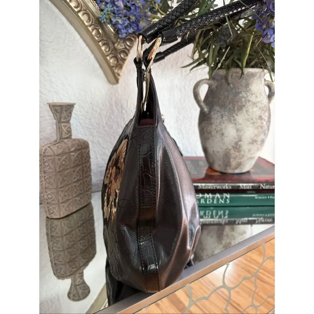 Brighton Valencia Black Leather Floral Embroidered Hobo Bag NWOT Heart Charm
